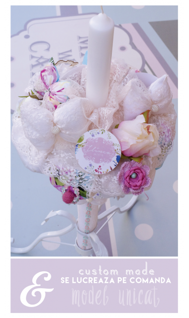 Lumanare botez pentru fetite cu flori si margele, 65x4cm, Margica 5